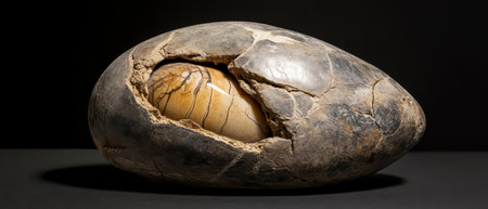 A cracked fossilized egg rests on a dark surface exposing a smaller egg inside. The intricate patterns suggest age and mystery.の素材