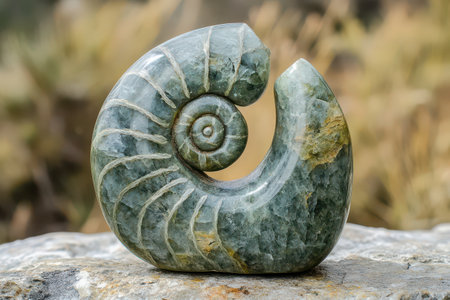 A polished green stone shaped like a spiral shell sits on a surface surrounded by natural elements.の素材