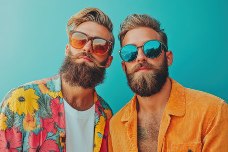 Two men with distinct hairstyles and beards wear colorful sunglasses while striking a confident pose against a vibrant background.の素材