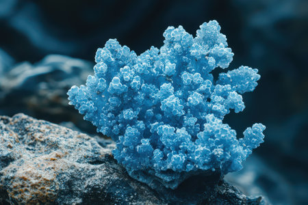 Colorful blue coral thrives on a rocky underwater surface showcasing unique textures and shapes in a vibrant ocean habitat.の素材