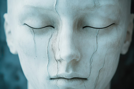 A mannequin features a cracked face with closed eyes showcasing an artistic expression of emotion and vulnerability. The surface appears weathered.の素材