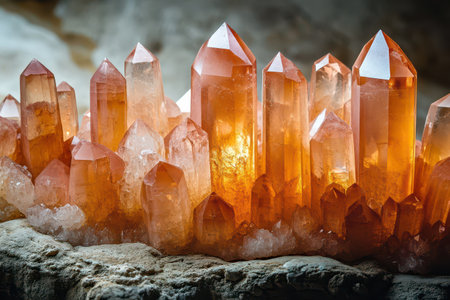 Clusters of vibrant orange crystals sparkle in natural light showcasing their unique shapes and textures against a neutral background.の素材