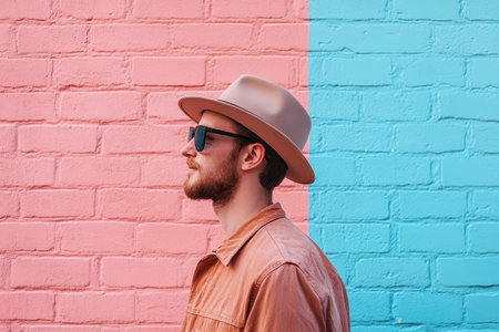 A man stands outdoors beside a bright pink and blue wall wearing sunglasses and a hat showcasing a stylish casual look.の素材