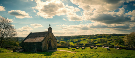 Rolling green hills surround a small stone chapel under a vibrant sky dotted with fluffy clouds creating a serene rural atmosphere.の素材
