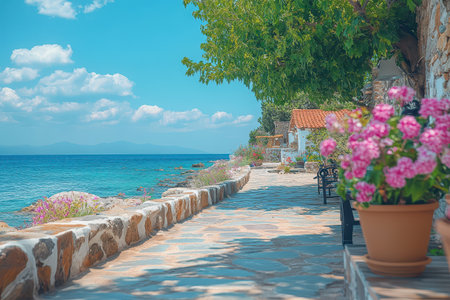 A tranquil coastal pathway lined with vibrant flowers leads to a serene ocean view under a bright blue sky. Perfect for relaxation.の素材