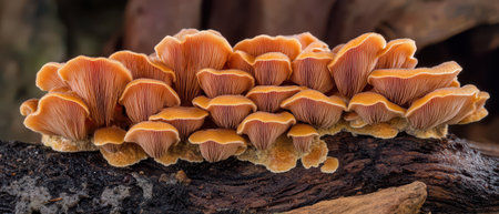 A cluster of orange mushrooms thrives on a decaying log in a forest showcasing their delicate gills and vibrant colors in natural light.の素材