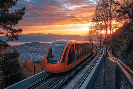 An orange train travels along a winding track during sunset in a mountainous region offering panoramic views of the landscape and lake.の素材