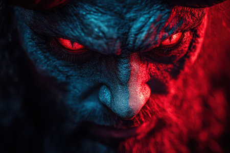 A fierce character with glowing red eyes stares intensely surrounded by dynamic blue and red lighting that enhances the dramatic mood.の素材