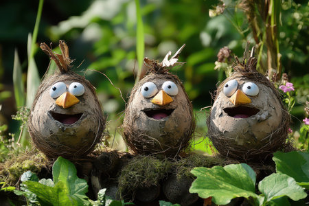 Three cheerful bird figures crafted from natural materials are displayed among greenery showcasing their colorful eyes and beaks in a lively setting.の素材