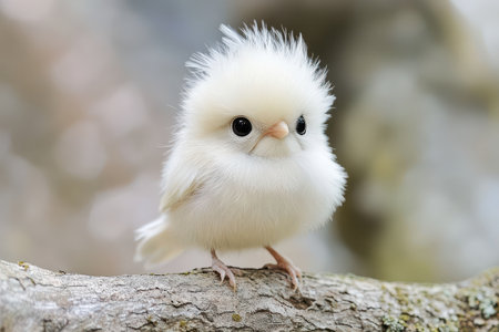 A small fluffy bird with an adorable round face sits on a branch. Its soft feathers are white making it look quite charming and unique.の素材
