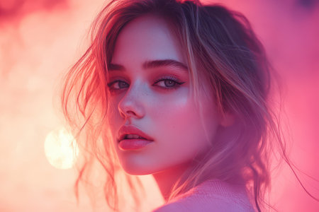 A young woman gazes into the distance surrounded by vibrant pink and purple lighting. Her hair cascades softly around her shoulders.の素材