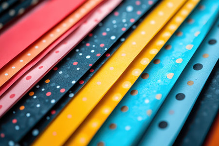 Vibrant strips of decorative paper in various colors lay flat showcasing dotted patterns that add charm and creativity to any craft project.の素材