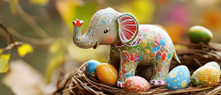 A decorated elephant figurine sits in a nest filled with colorful eggs showcasing a vibrant spring theme with natural elements.の素材