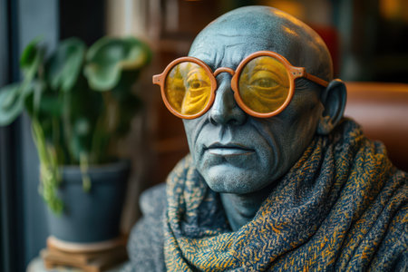 A person with blue skin and yellow glasses sits indoors surrounded by a potted plant and warm lighting creating a calm atmosphere.の素材