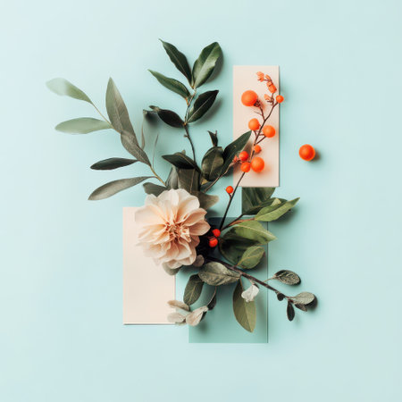 A vibrant floral arrangement featuring soft flowers and green foliage on a mint pastel background with decorative elements enhancing the composition.の写真素材