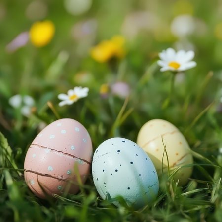Colorful Easter eggs nestled in spring flowers