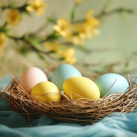 Colorful eggs in a nest surrounded by flowersの写真素材