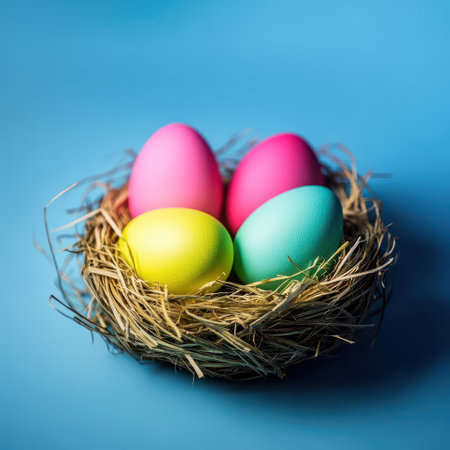 Colorful eggs in a nest on a blue background