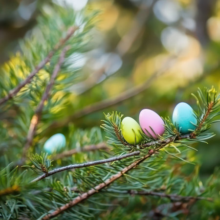 Bright eggs on spring evergreen branchesの写真素材