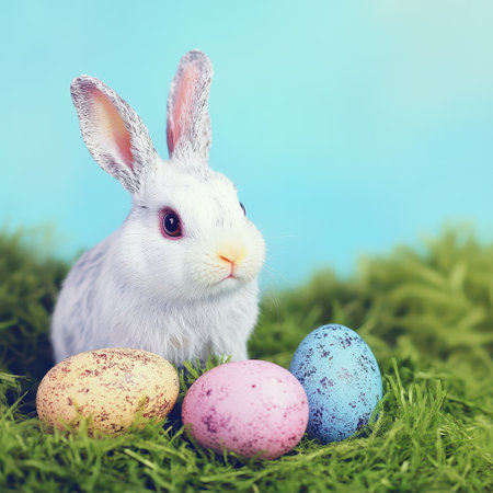 Cute bunny beside colorful easter eggs on grass