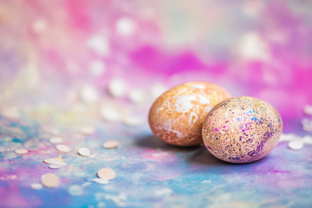 Colorful decorative eggs on vibrant backgroundの写真素材