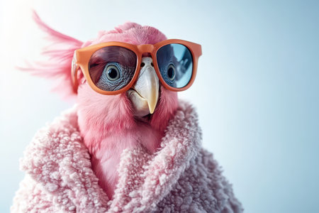 A playful pink bird with large eyes sports colorful glasses while being snuggled in a soft towel...