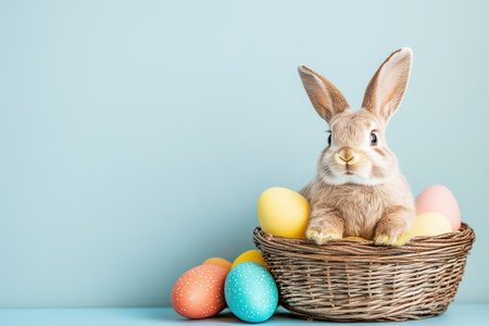 Cute rabbit with colorful eggs in a basketの写真素材