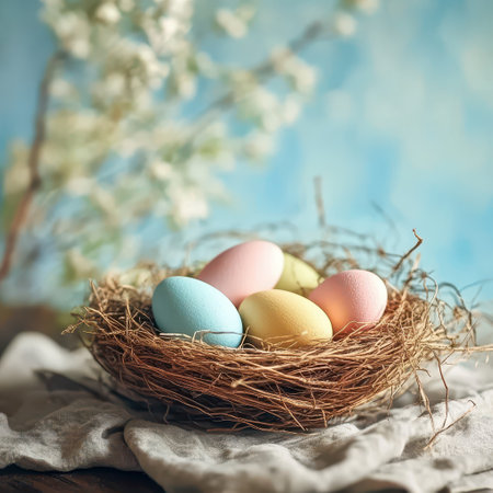Colorful eggs in a nest for spring celebration