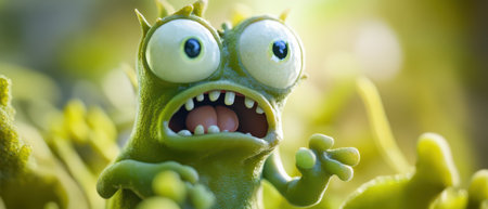 A quirky green creature with large eyes expresses surprise while blending into a lush background of plants and foliage under soft sunlight.の写真素材