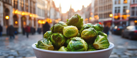 A bowl filled with vibrant Brussels sprouts rests on a cobblestone street as the sun sets behind historic buildings creating a lively atmosphere.の写真素材