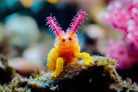 A bright marine animal displays vivid colors while resting on the ocean floor amidst corals during daylight.の写真素材