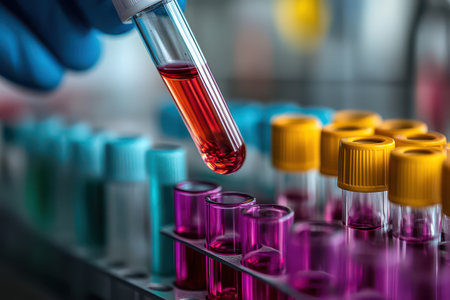 A researcher in a lab is carefully adding red liquid from a pipette to several test tubes filled...