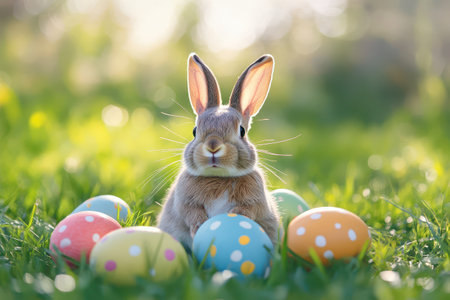 Rabbit with colorful Easter eggs in grass