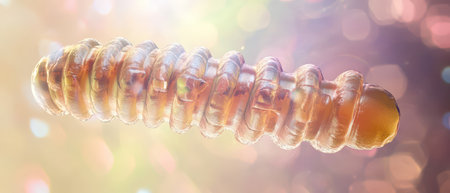 A detailed view of a translucent caterpillar illuminated by sunlight showcasing its unique texture and colors against a vibrant backdrop.の写真素材