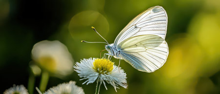 A delicate white butterfly perches on a vibrant flower as sunlight bathes the scene in warm golden tones during late afternoon.の写真素材