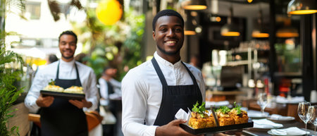 Smiling waitstaff bring beautifully presented meals to guests in a lively outdoor restaurant setting...