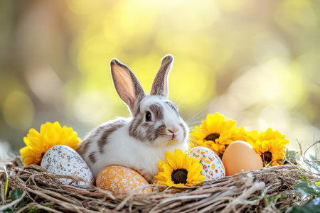 Bunny in nest with colorful eggs and flowers