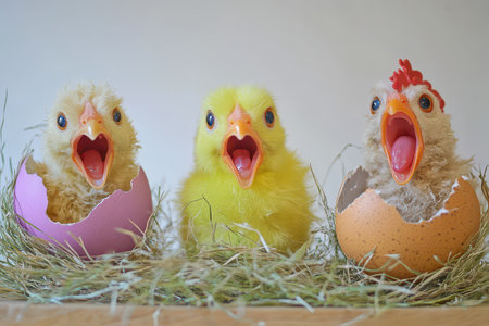 Chicks hatching in spring colorsの写真素材