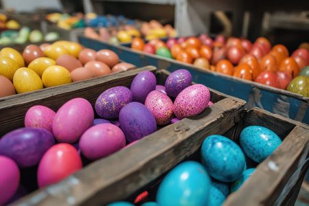 Colorful decorated eggs in market display basketsの写真素材