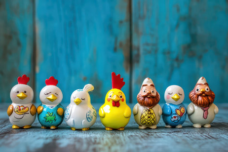 Vibrant decorative chicken figures displayedの写真素材