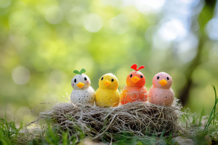 Brightly colored chick figures are nestled together in a nest made of moss surrounded by lush...