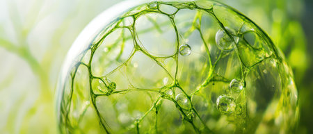 This close up captures the complex structure of vibrant green algae with bubbles illustrating...