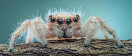 A fluffy spider with large eyes sits atop a textured bark showcasing its unique features in natural...