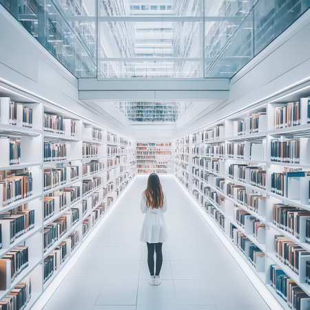 A person stands in a modern library surrounded by tall shelves filled with books.の写真素材