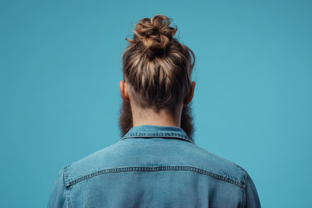 A man stands with his back to the viewer showcasing a bun hairstyle. He wears a denim jacket and has...