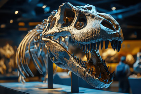 A large dinosaur skull is showcased in a museum exhibit with visitors in the background observing...
