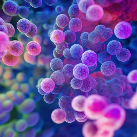 Small spherical shapes in vibrant colors swirl together resembling a microscopic view of bacterial activity and cellular structures.の写真素材
