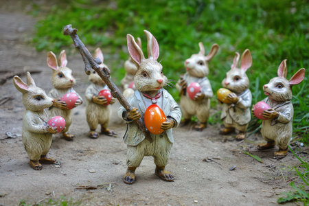 Rabbits holding colorful eggs in a grassy areaの写真素材