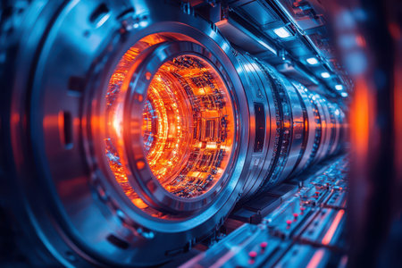 A futuristic energy system boasts intricate machinery with glowing parts and vibrant colors...