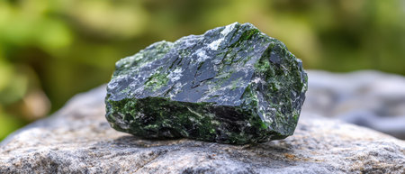 A distinctive green mineral specimen with glossy surfaces is placed on a textured stone. It displays...